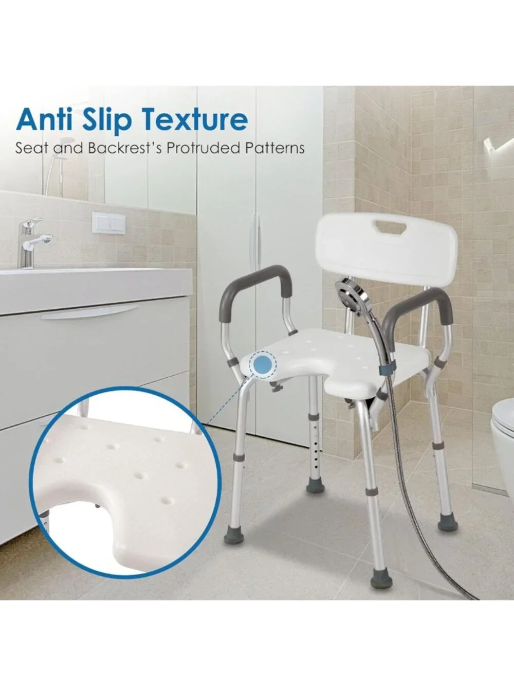 Heavy Duty Shower Chair with Arms & Back, 330lbs Capacity, Tool-Free Assembly